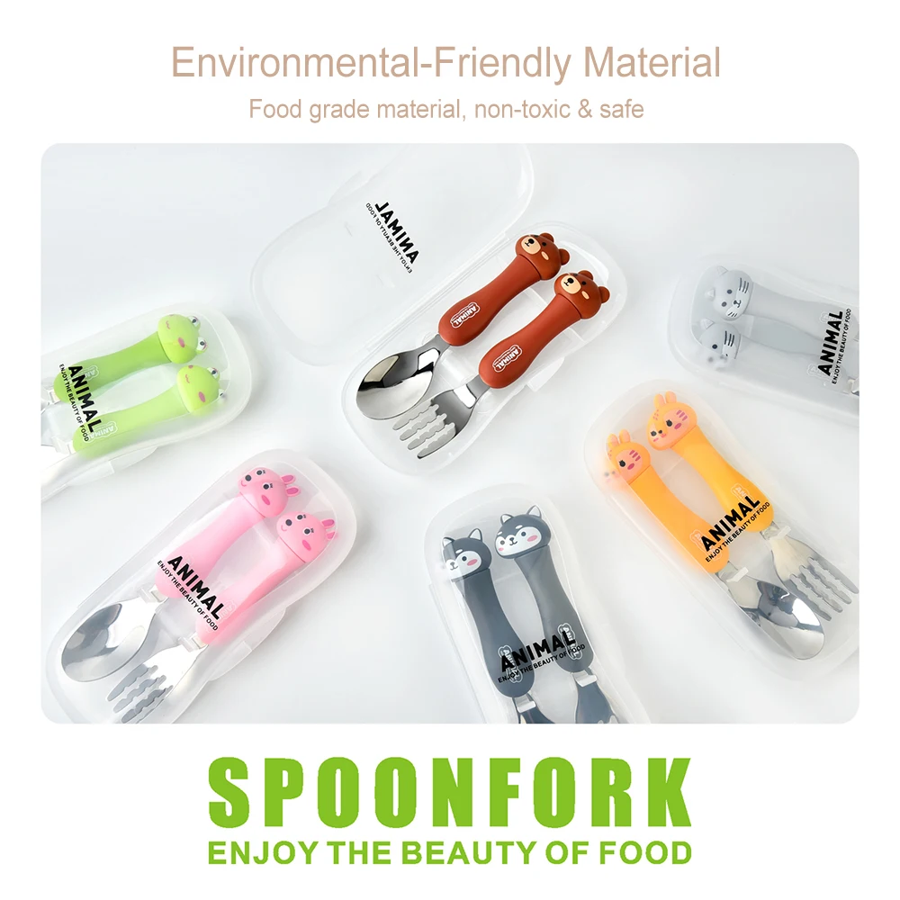 2Pcs Kids Silverware Cute Spoon Fork Travel Carry Set Children Portable Tableware Toddler Utensils Spoon Fork with Travel Case