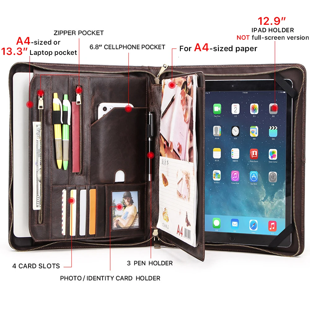 Leather Case for iPad Pro 11 inch Genuine Leather Smart Folio for 11-inch iPad Pro 11 Case with Pencil Holder Zipper Pocket Multifunctional iPad