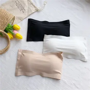 

Womens Womens Ice Silk Seamless Solid Color Tube Tops Strapless Removable Padded Bandeau Hollow Out Cross Back Hook Eye Wrapped