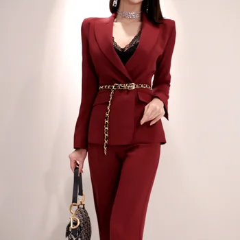 

HAMALIEL Fashion Office Ladies 2 Piece Pant Set Fall Winter Women Double-breasted Red Blazer + High Waist Work Wear Pants Set
