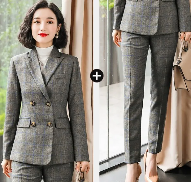 Деловой костюм для интервью женские синие красные клетчатые брюки деловой костюм для офиса с длинным рукавом Тонкий формальный Блейзер и брюки комплект