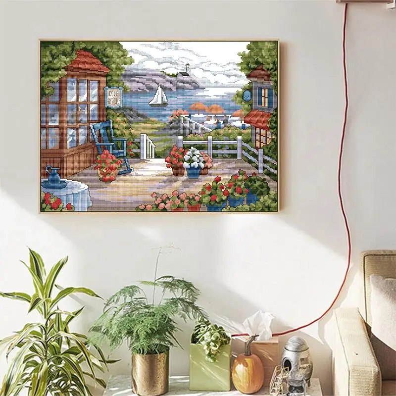 Terrace with flowers in full bloom Cross stitch kits Aida 14CT 11CT counted embroidery Needlework set Home decoration painting cross stitch kit