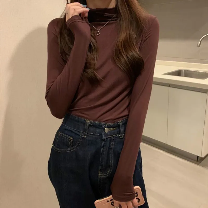

Korean Simple Basic Tees Tops Women's Autumn Winter Turtleneck Long Sleeve Slim Stretch T-shirt Woman Casual Tshirts