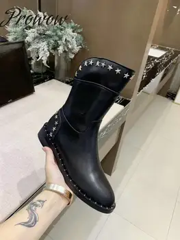 

Prowow New Genuine Leather Metao Deco Round Toe Zip Back Low Heel Mid Calf Boots Shoes Women Luxury