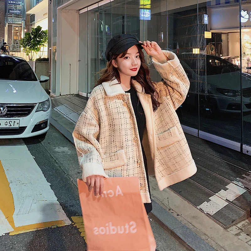 

Black And White with Pattern Graceful Tweed Short Lambs Wool Coat Women's 2019 Autumn And Winter New Style Retro Hong Kong Flavo