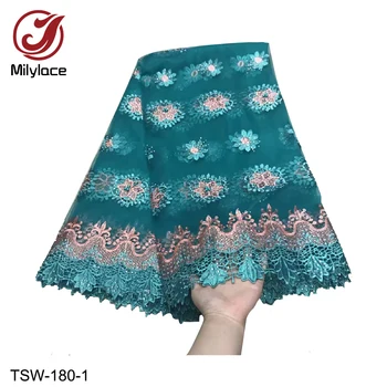 

French Lace Fabrics 5 Yards Tulle Lace Embroidery Fabric with Beads/stones Latest Style African Guipure Lace for Dress TSW-180