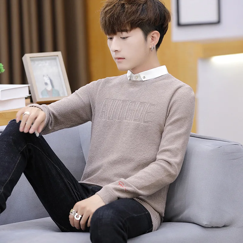 

2019 New Style Slim Fit Mock Two-Piece Shirt Collar Sweater Men's Korean-style Base Shirt Autumn Slim Fit Shirt Collar Sweater