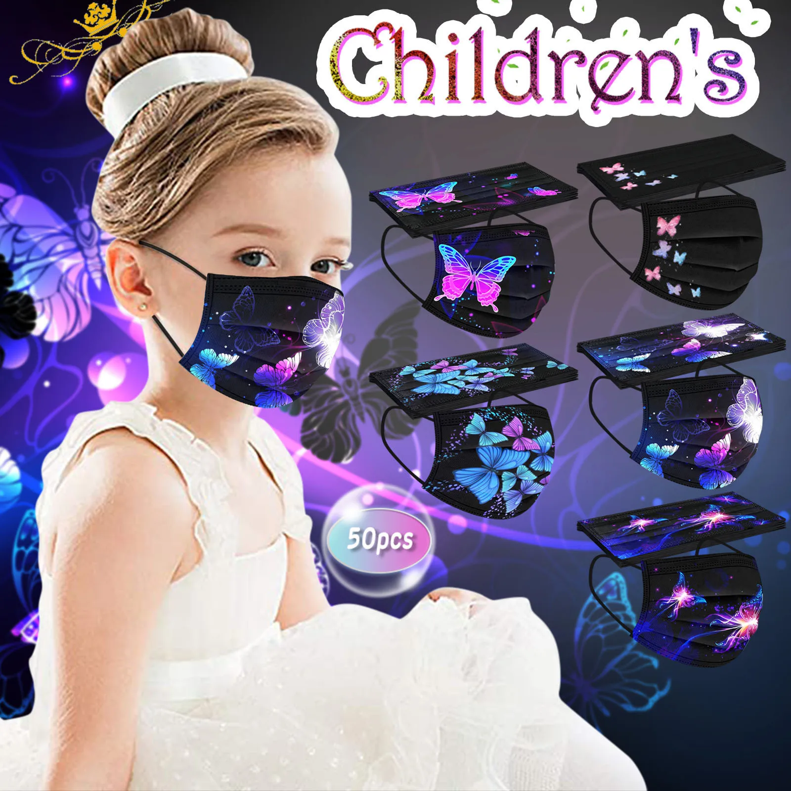 

50PCS Mask Protector Dustproof Children Face masque 3Ply mascara Ear Loop Cosplay Facial Black Disposable Butterfly mascherina