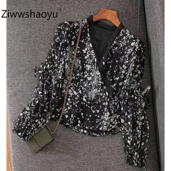 

Ziwwshaoyu Designer Summer Sexy V-Neck Lantern Sleeve Flower Print Lace up Silk Blouse Shirt Tops Women's High Quality