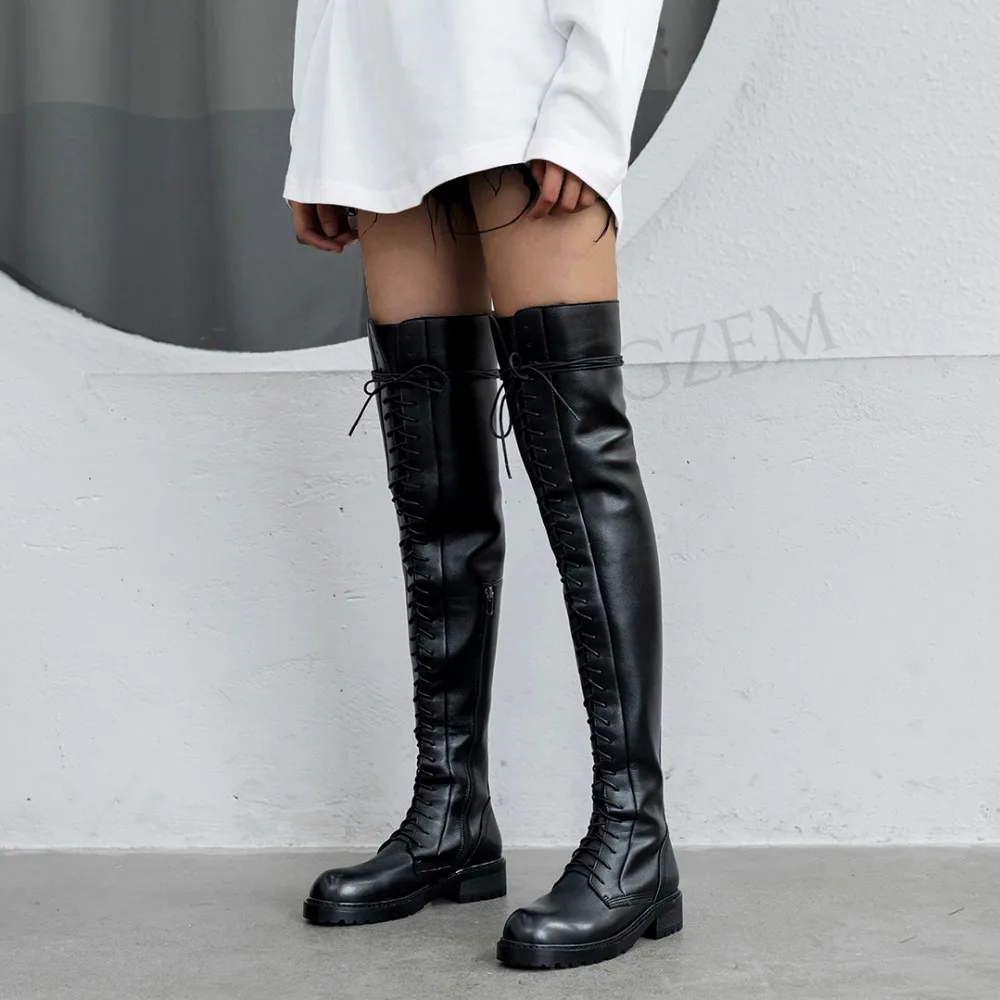 LAIGZEM/женские ботфорты выше колена; расклешённые матовые лакированные сапоги до бедра на низком каблуке с молнией; Zapatos de Muje; Размеры 33, 38, 39, 40