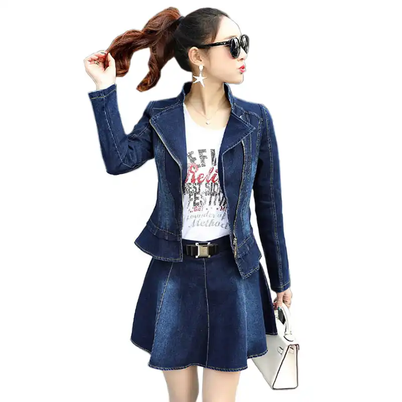 blue denim skirt and jacket set