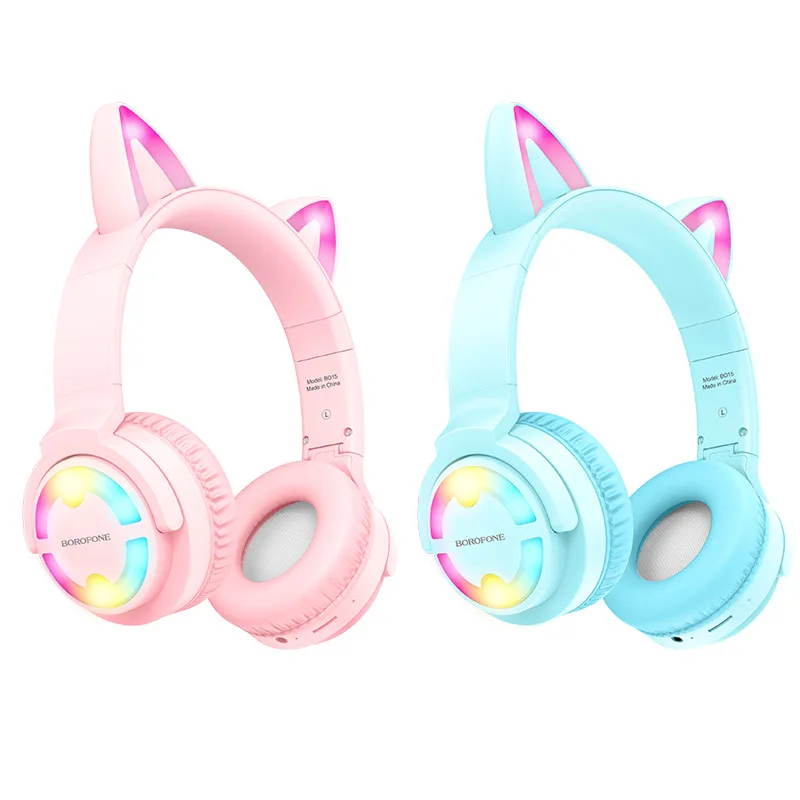Bo15 Cute Cat Ears Wireless Headphone With Mic Glow Light Stereo Bass