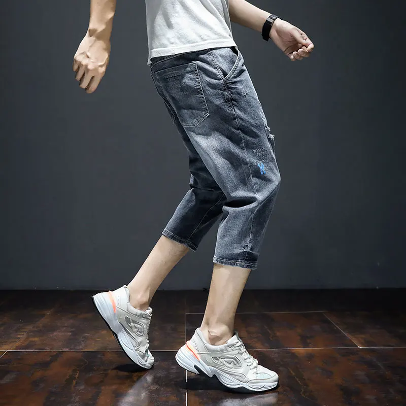 

Men Ripped Baggy Jeans Korean Style Man Printed Straight Stretch Jean Short Pants 2020 Fashion Summer Distressed Denim Trousers