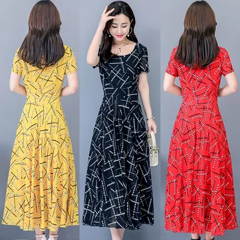 

Summer Dress for Women Short-sleeved Long A-line Geometric Striped Sweet Bohemian Long Dress Female