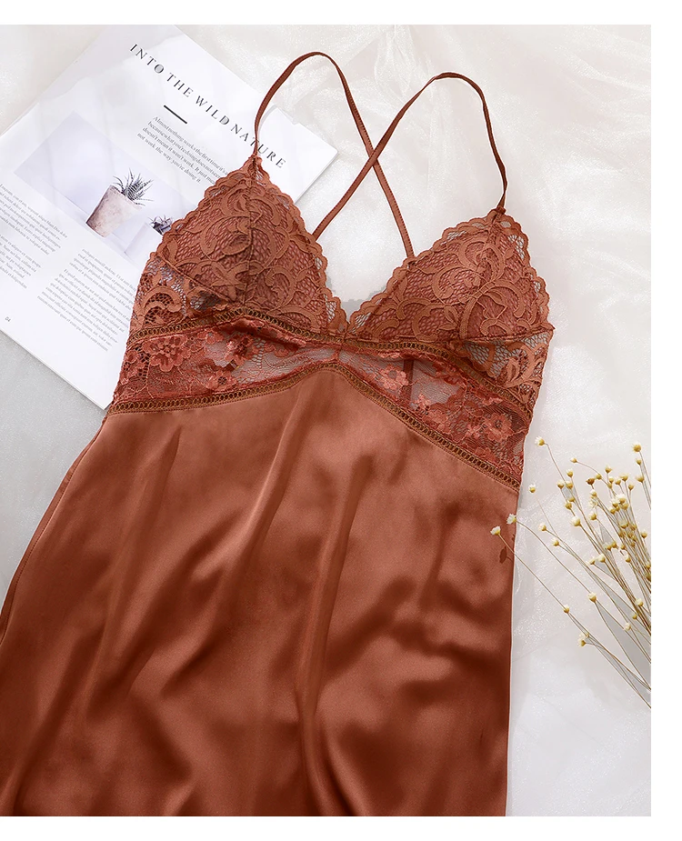 CINOON Sexy Silk Nightgown Embroidery Lace Bath Gown Nightdress Summer Sleepwear Wedding Night Dress Robe With Belt Home Clothes Nightwear (35)