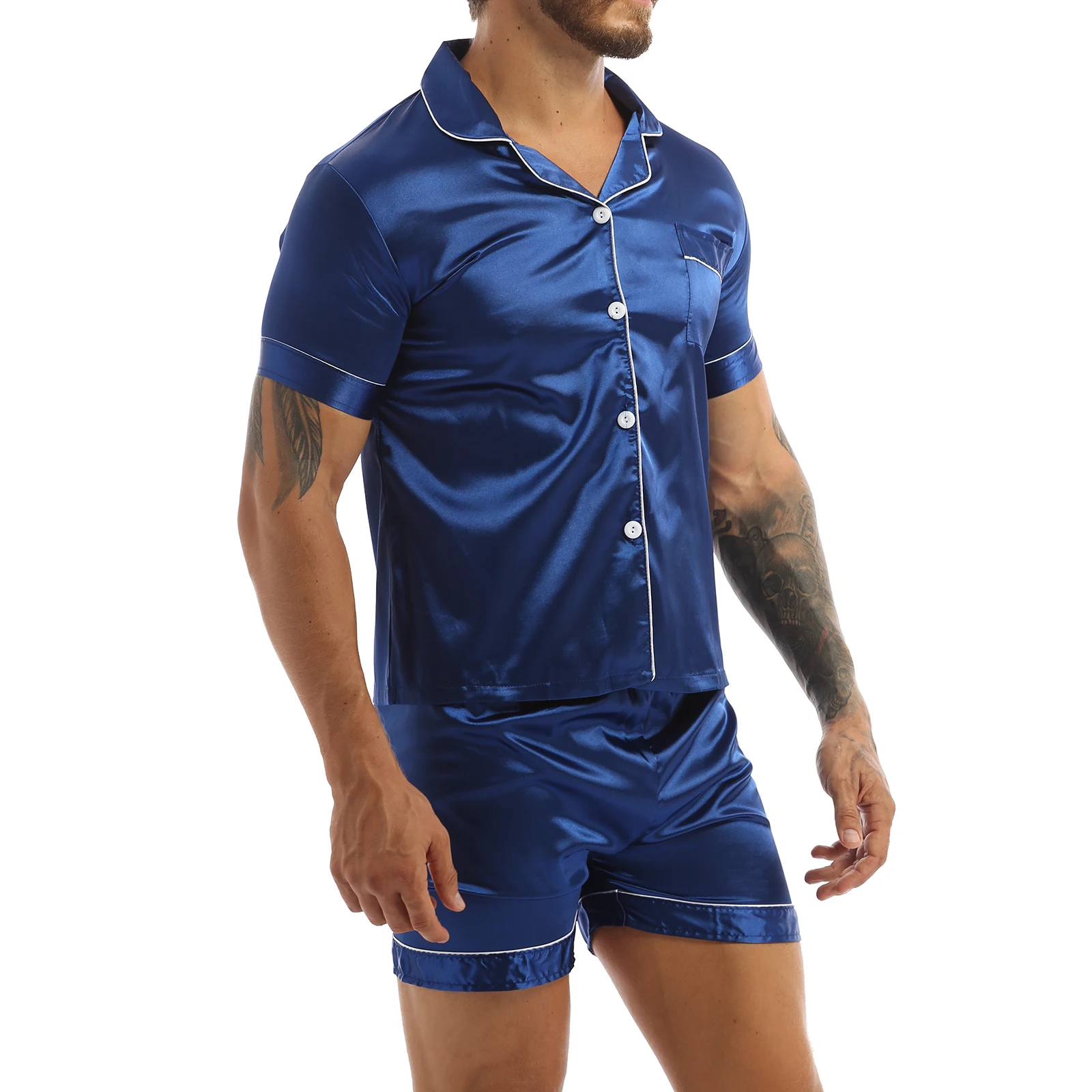 Fashion Mens Silky Satin Pajamas Set Solid Color Short Sleeves Button T-Shirt Tops with Elastic Waistband Boxer Shorts Sleepwear mens pjs sale