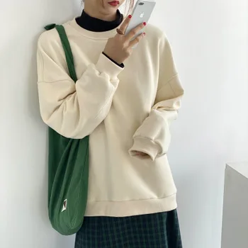 

2020 women2020 Simple solid color plus velvet round neck pullover sweater female autumn and winter