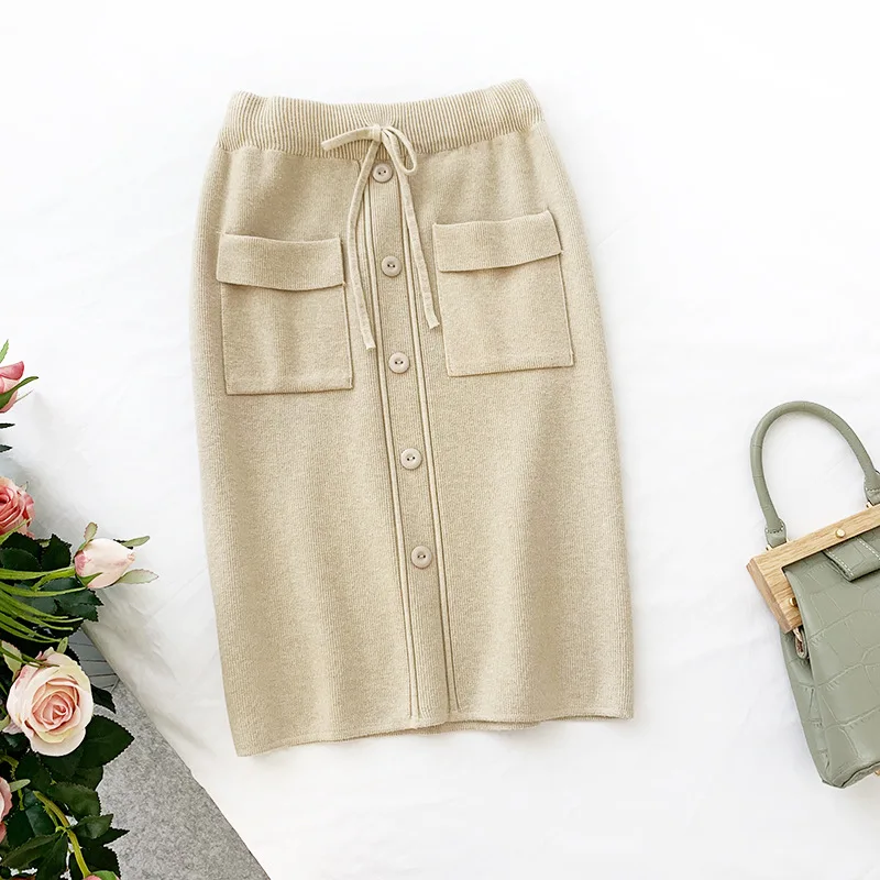 Khaki Wasteheart, осенняя, зимняя, серая, хаки, женская модная сексуальная юбка, высокая талия, до колена, офисная юбка-карандаш, трапециевидная, Вязанная, облегающая - Цвет: Khaki