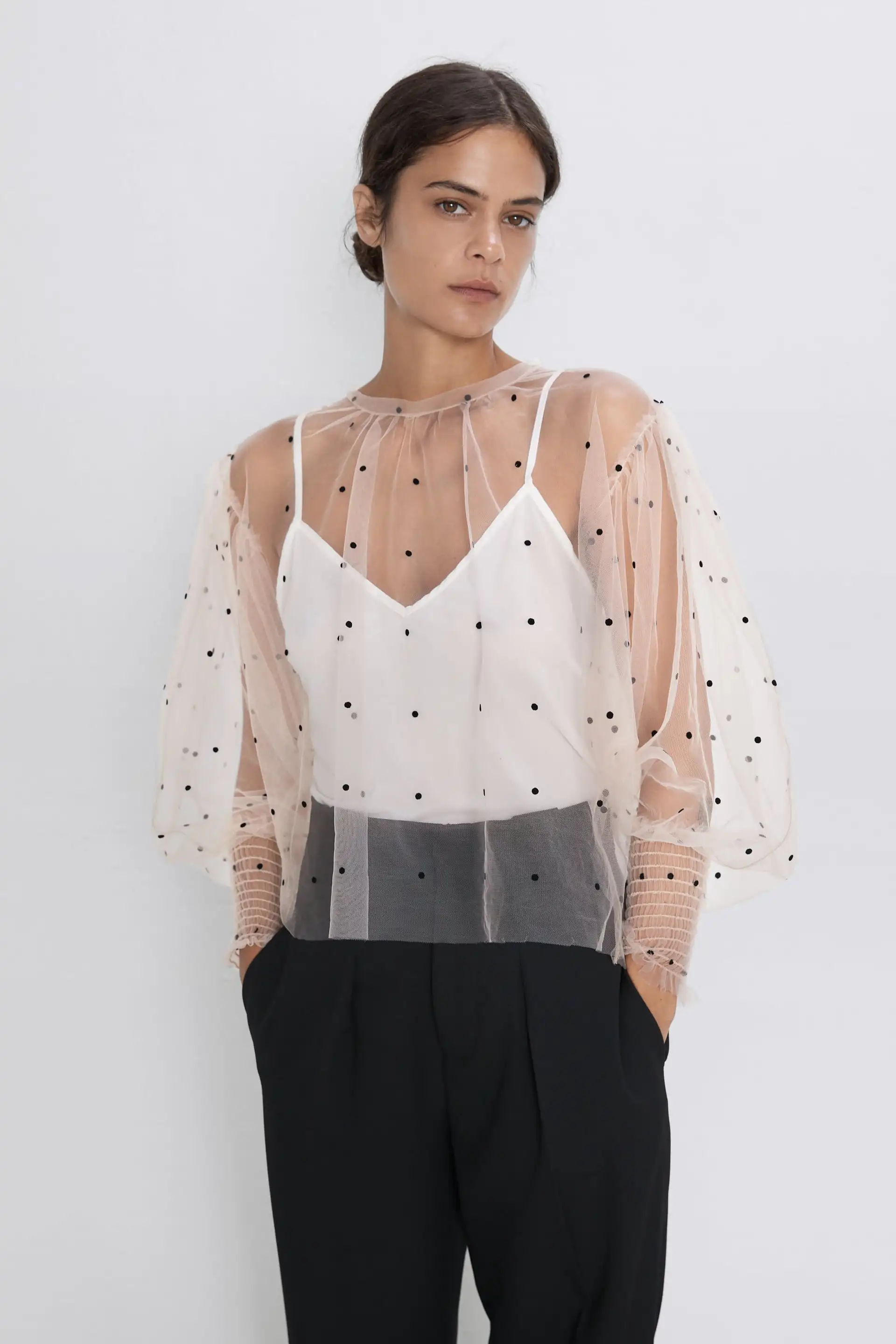 za acutmn Женская SEMI-SHEER блузка в горошек сексуальные прозрачные женские сетчатые рубашки