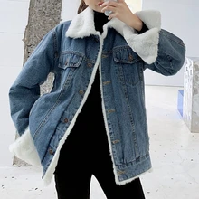 Women's Denim Parkas Winter Vintage Pocket Stitching Loose Straight Coat Casual Koreaanse Plush Warm Turn-down Collar Parkas