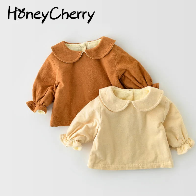 

Winter plus thick velvet long-sleeved cotton retro doll collar shirt infant girl long sleeves tops