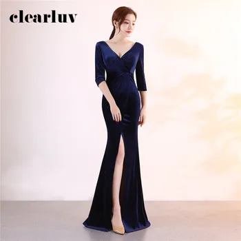 

Evening Gown Navy Blue Split Formal Party Gown DX372-5 Plus Size Slim Elegant Robe De Soiree Floor Length Velour Evening Dresses