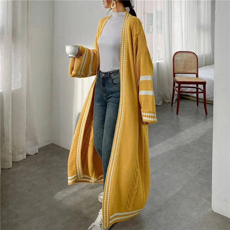 Best Price LANMREM 2020 Spring New Long Style Cardigan For Women Loose Striped Patchwork Casual Knitted Sweater Popular Coat PC425
