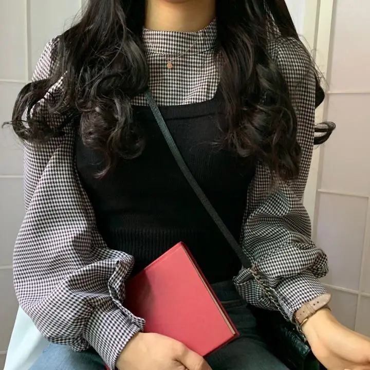 Корейские винтажные женские комплекты, пуловер с рукавом-фонариком, блузка+ тонкий вязаный короткий жилет, осенняя уличная винтажная клетчатая женская блузка