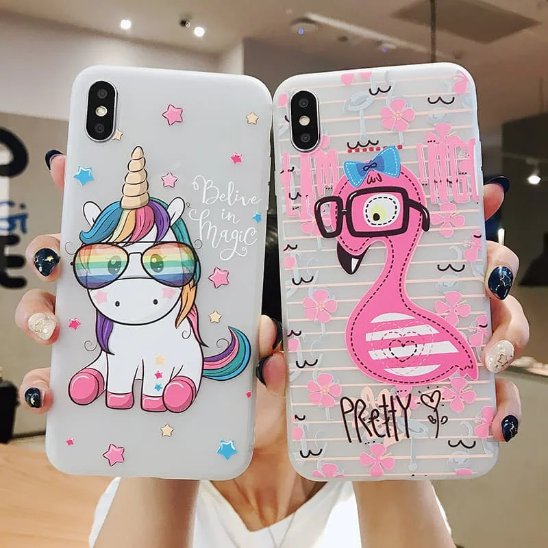 

Cute Flamingo Unicorn Rainbow Case for iPhone 8 7 6 S Plus 11 Pro Max X XR XS Cartoon Cat Dog Star Mickey Minnie Girl Phone Case
