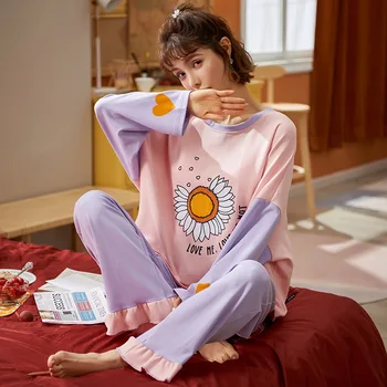 

Spring Autumn Women's Pajamas, Long-sleeved Sweet Korean Student Cute Knitted Cotton Home Wear Suit, Plus Size Printed Pajamas