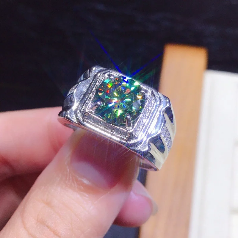 Male 3ct Lab Green Moissanite Ring 925 sterling silver Wedding band Rings for Men silver ring silver rings wedding rings moissanite ring
