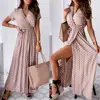 2022 Women's Dress V-neck Summer Wrap Dresses Women Fashion V Neck Short Sleeve Belt Dots Print Front Slitting Hem Long Dress ► Photo 1/6