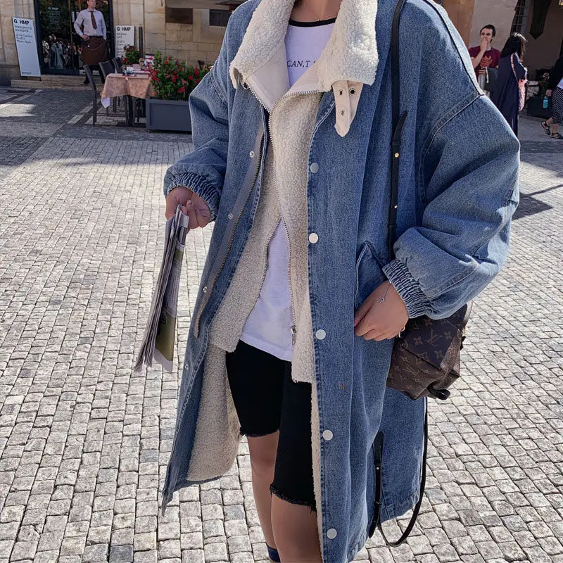 Denim Patchwork Jacket Women Autumn and Winter New Loose Long Parker Jackets Thicken Warm Denim Jacket Femme Chaquetaf2070