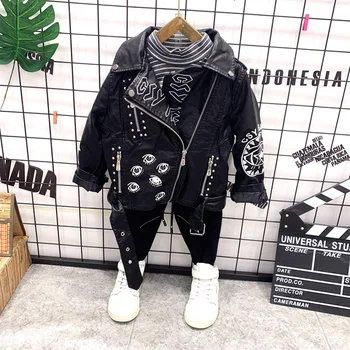 

3PCS WLG Boys Clothing Set Kids Outfits Fall Black Faux Leather Cartoon Jacket Striped T Shirt and Jean Set Baby Fashion Clothes