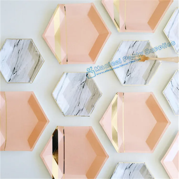Hexagon Paper Plates Pastel Pink Marble & Gold Foil Hexagon Small Party Paper Plates for Baby Shower Birthday Party Decor