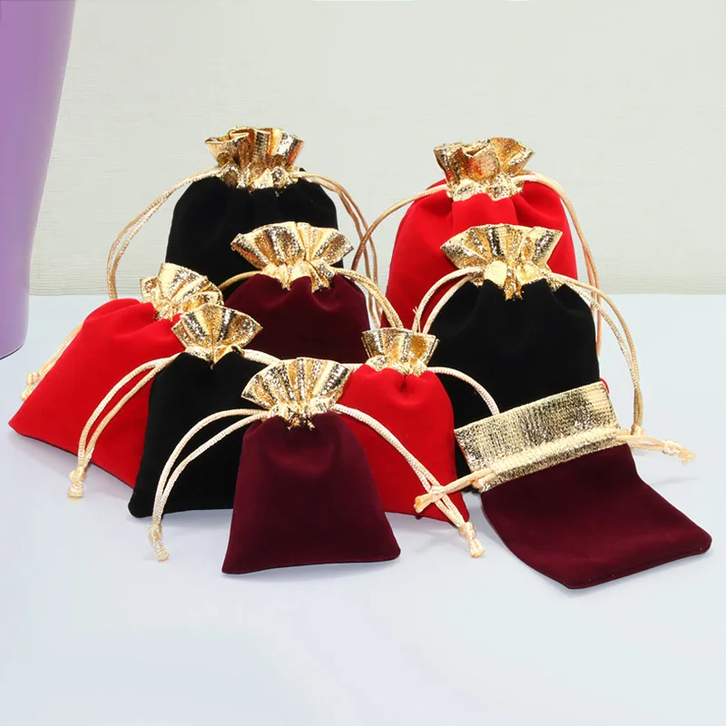 10pcs/lot Vintage Velvet Package Bags 7x9 10x12 12x15cm Wine Red Organza Drawstring Gift Wedding Jewelry Packaging Pouches | Дом и сад