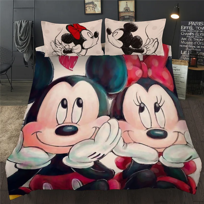 Bedding-Set Duvet-Cover Bed-Linen Queen Children Mickey-Minnie Single Disney Cartoon