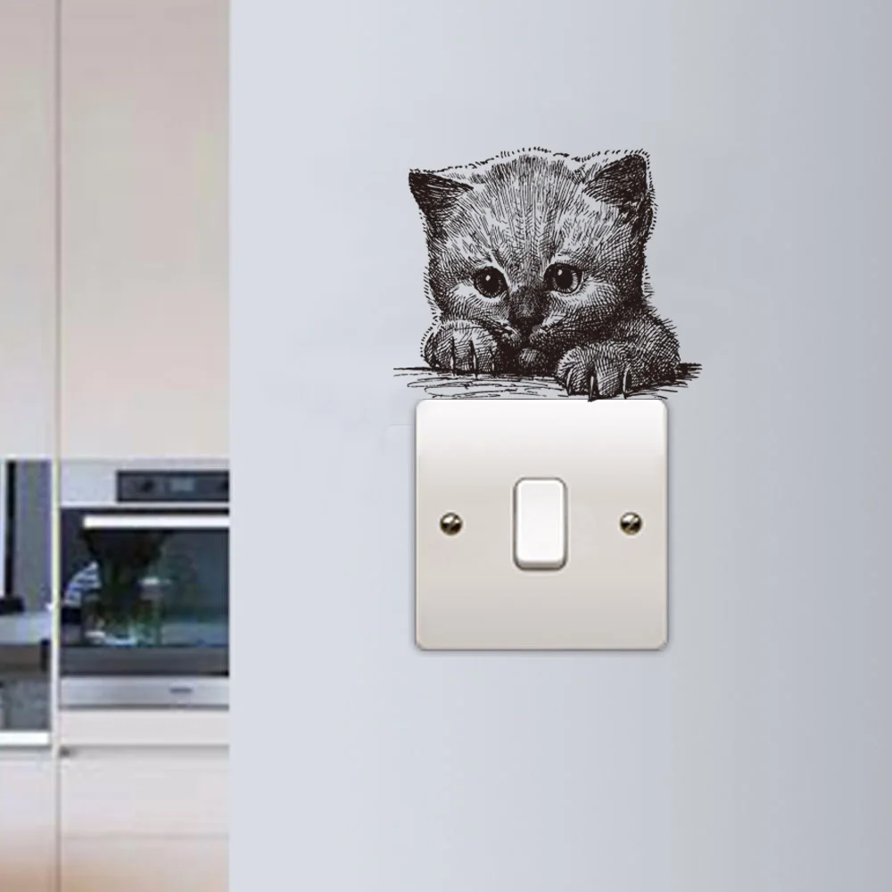 Lovely Cute Little Cat Baby Light Switch Stickers On Wall Art Sketch Laptop Decals for kids Nursery Room Home Decoration Mural (3)