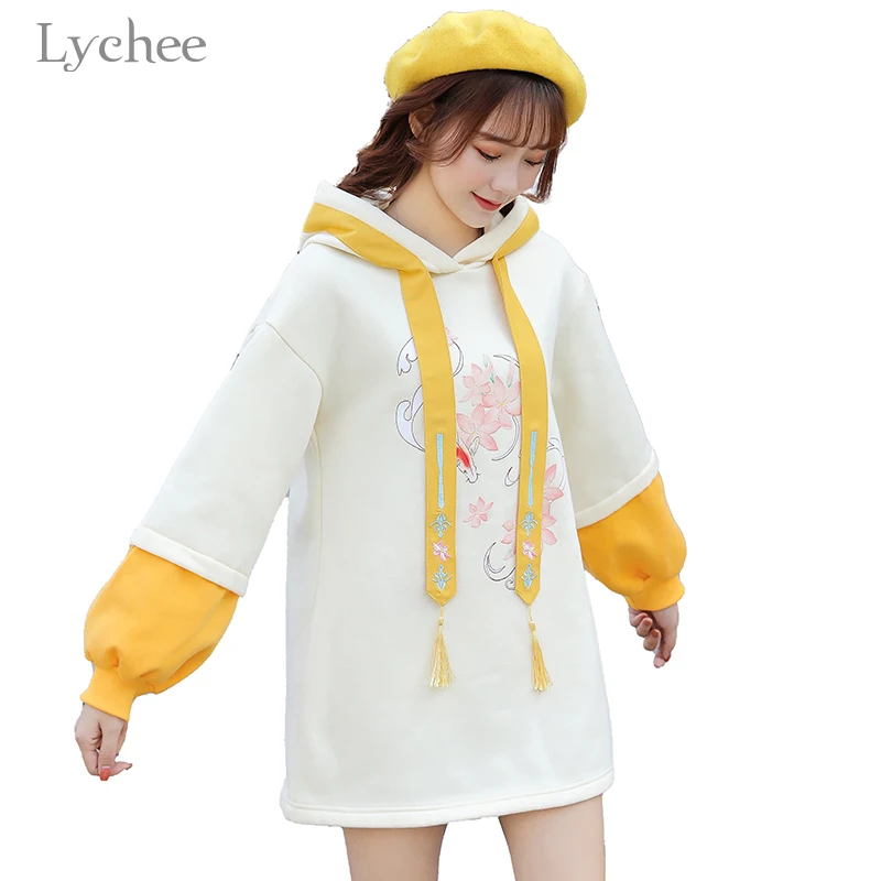Lychee Harajuku Lucky Koi Женские флисовые толстовки с кисточками в стиле пэчворк Женская Спортивная толстовка с капюшоном хлопковые зимние женские пуловеры