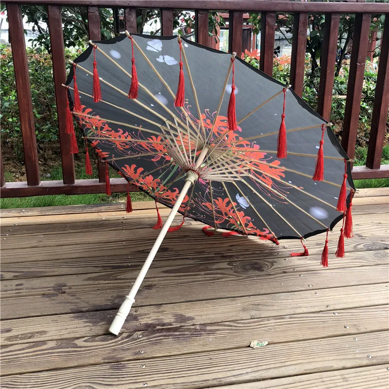 Hanfu Oiled paper Umbrella rain women фотография Prop непромокаемая лента античные кисточки зонтик вентилятор paraguas зонтик - Цвет: Bianhua Red tassel