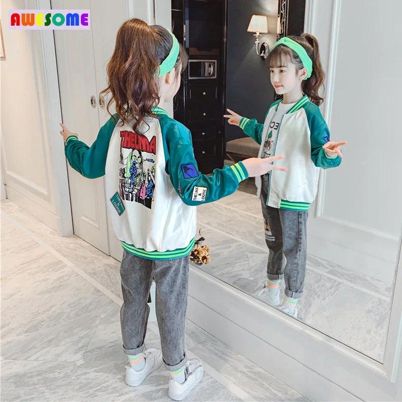 

2020 Spring Autumn Children's Green Pink Panelled Coat Little Girls Cartoon Graffiti Graphic Bomber Jacket Teens School Clothing