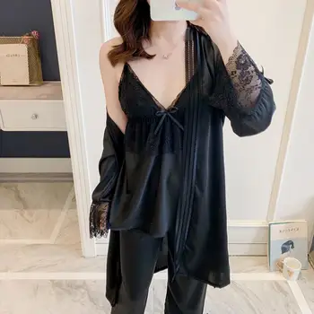 

Lace Patchwork Woman Robe Set Imitate Real Silk Nightdress Cardigan Two Paper Suit Bathrobe