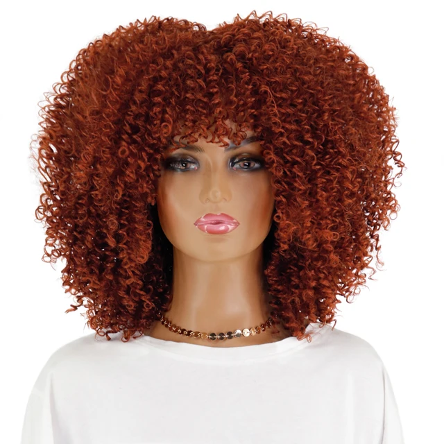 LINGHANG Short Hair Afro Kinky Curly Wigs With Bangs For Black Women African Synthetic Omber Glueless Cosplay Wigs Gradient Hair 4/30HL