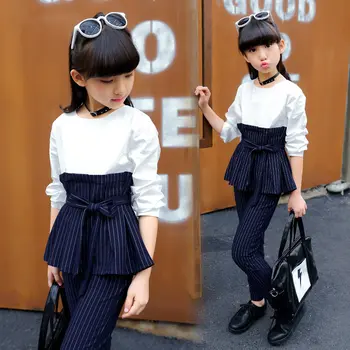 

Kids Girls Clothes Set Patchwork Shirt Dress + Striped Pants 2PCS Children Clothing Spring & Autumn Kids Teenage Outfits Clothes