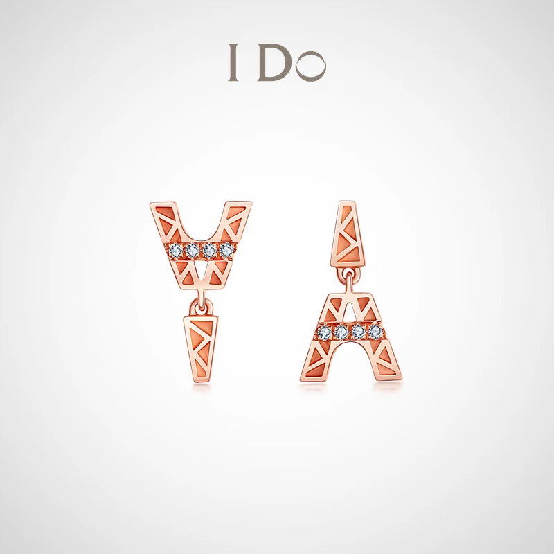 

I Do Mini Series 18K Rose Gold Diamond Earrings Studs Tower Asymmetrical Design with Plugs for Women Elegant Love Gift Ido 2023