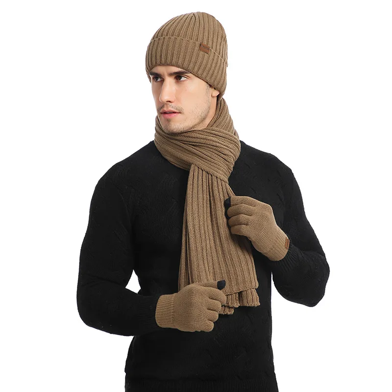 Зимний спортивный теплый вязаный шарф бини шапка и перчатки набор Мужская мягкая эластичная шапка шарф и варежки набор