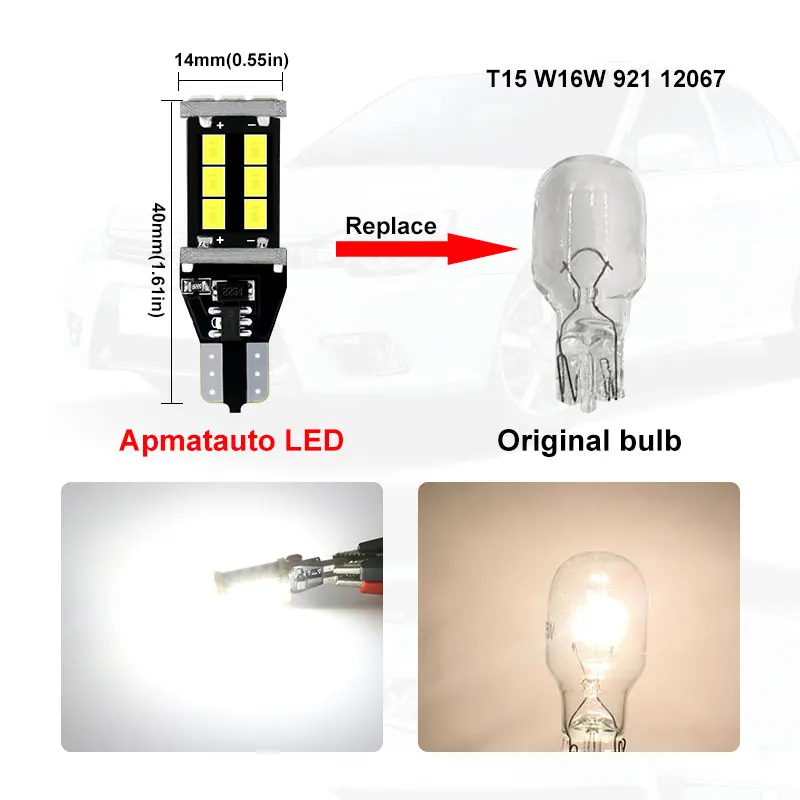 Apmatauto 2x T15 W16W Светодиодный лампочки CANBUS Error Free 921 915 WY16W светодиодный резервный фонарь заднего света 15smd с Sumsung светодиодных чипов белый