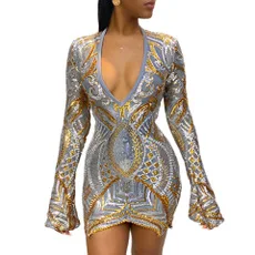 

Adogirl Sequins V Neck Flare Long Sleeve Sexy Club Dress