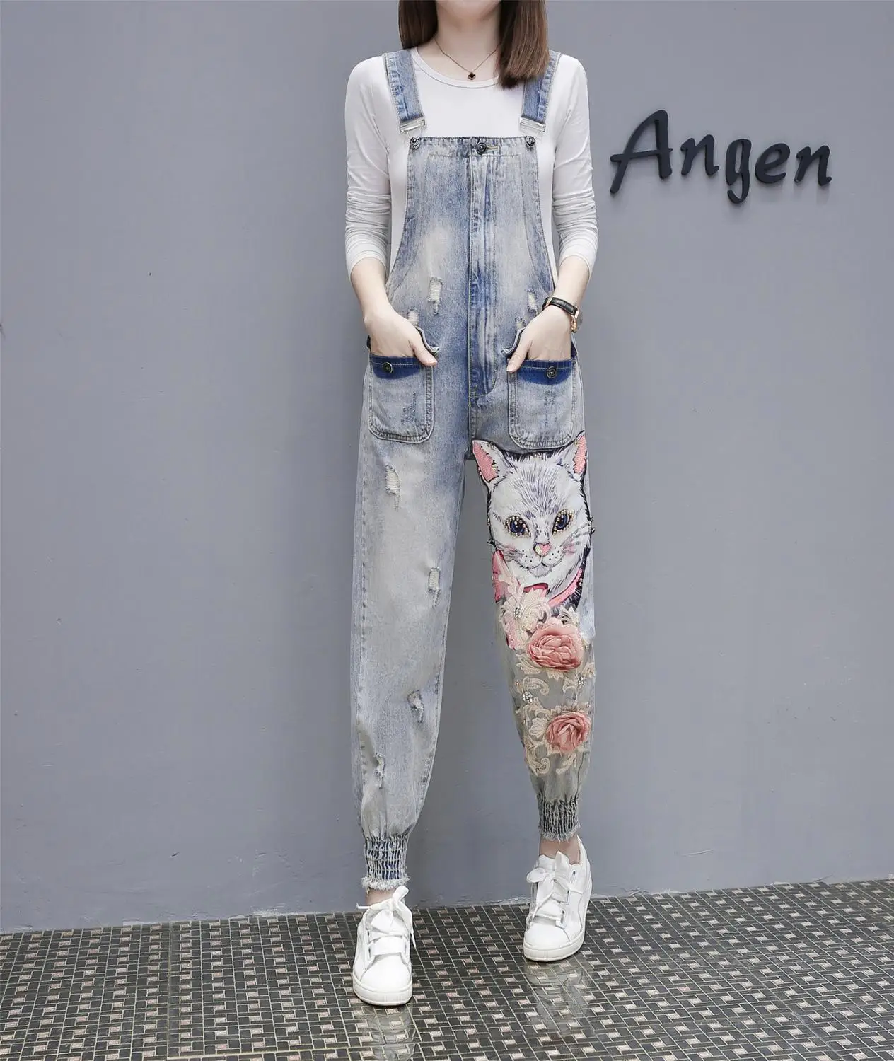 Pattern 5 Женские джинсовые комбинезоны с рисунком кота из мультфильма, комбинезоны, новые свободные джинсовые штаны с дырками, Женские повседневные длинные штаны - Цвет: Pattern 5