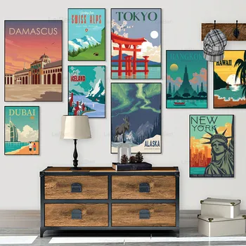 

Vintage Travel Poster Cartoon Famous City Landscape Canvas Painting Dubai Tokyo Alaska Pictures for Modern Home Cuadros Decor